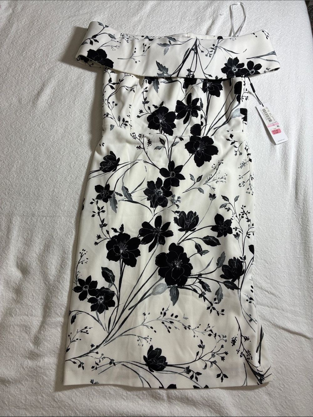 Calvin Klein Off-Shoulder White Dress with Black Floral Print - Picture 4 of 8